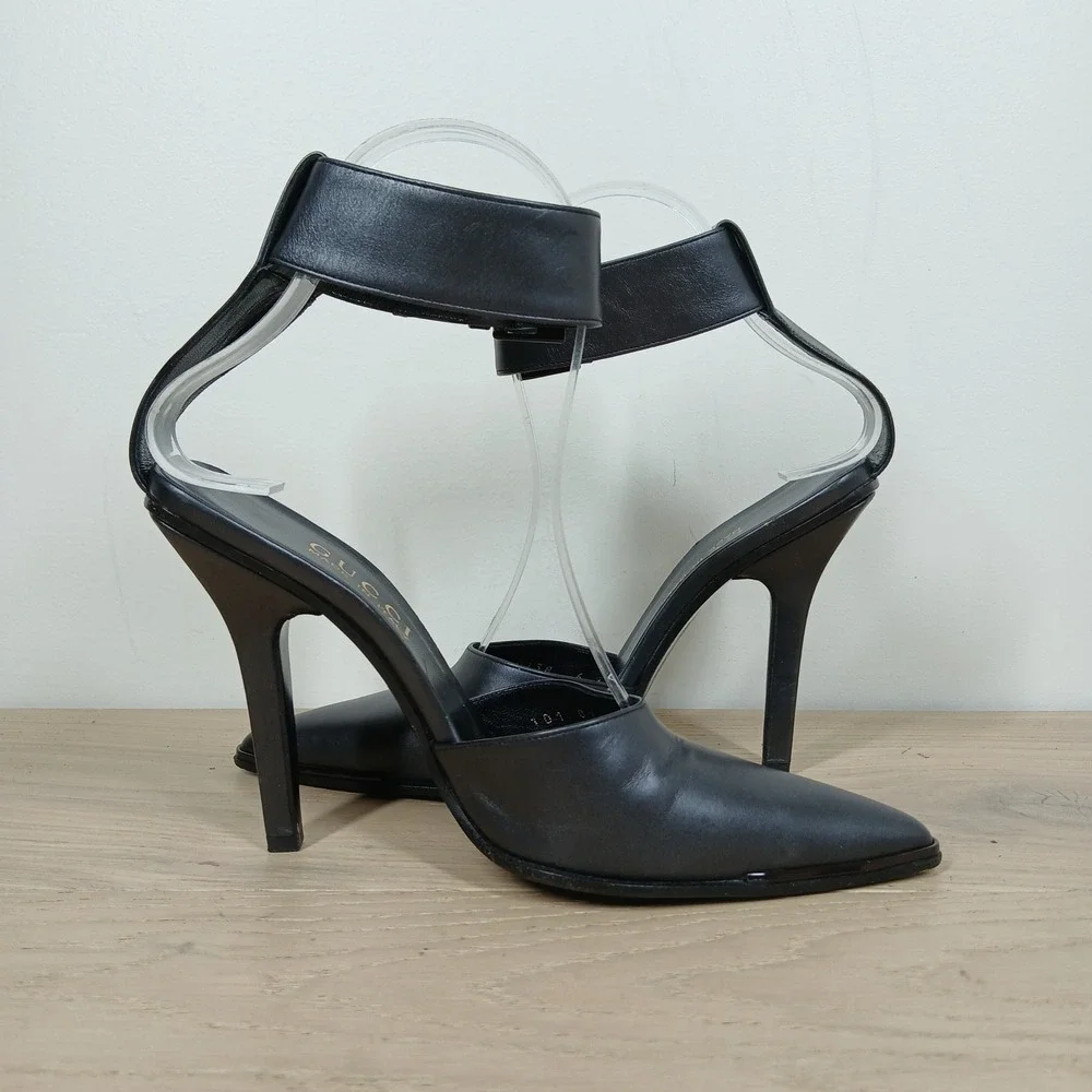 Gucci Heels Women 6B Black Leather Ankle Strap Pointed Toe Stiletto Dress Shoes